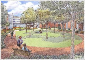 2004 – This bricklayer’s sketch previews the new courtyard and green space that would accompany the ATLC. Administration hoped that making the buildings and grounds more inviting would encourage students to spend more time on campus outside of class, helping to engender a more “college” feel. 